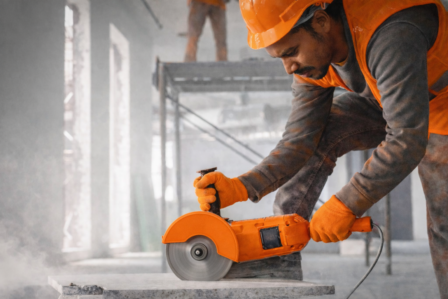 Construction worker in orange safety gear using an electric saw to cut a concrete slab indoors.
