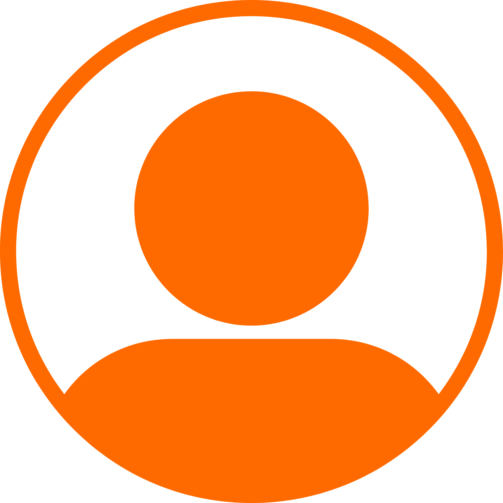 Orange user profile icon with a circle head and shoulders on a black background.