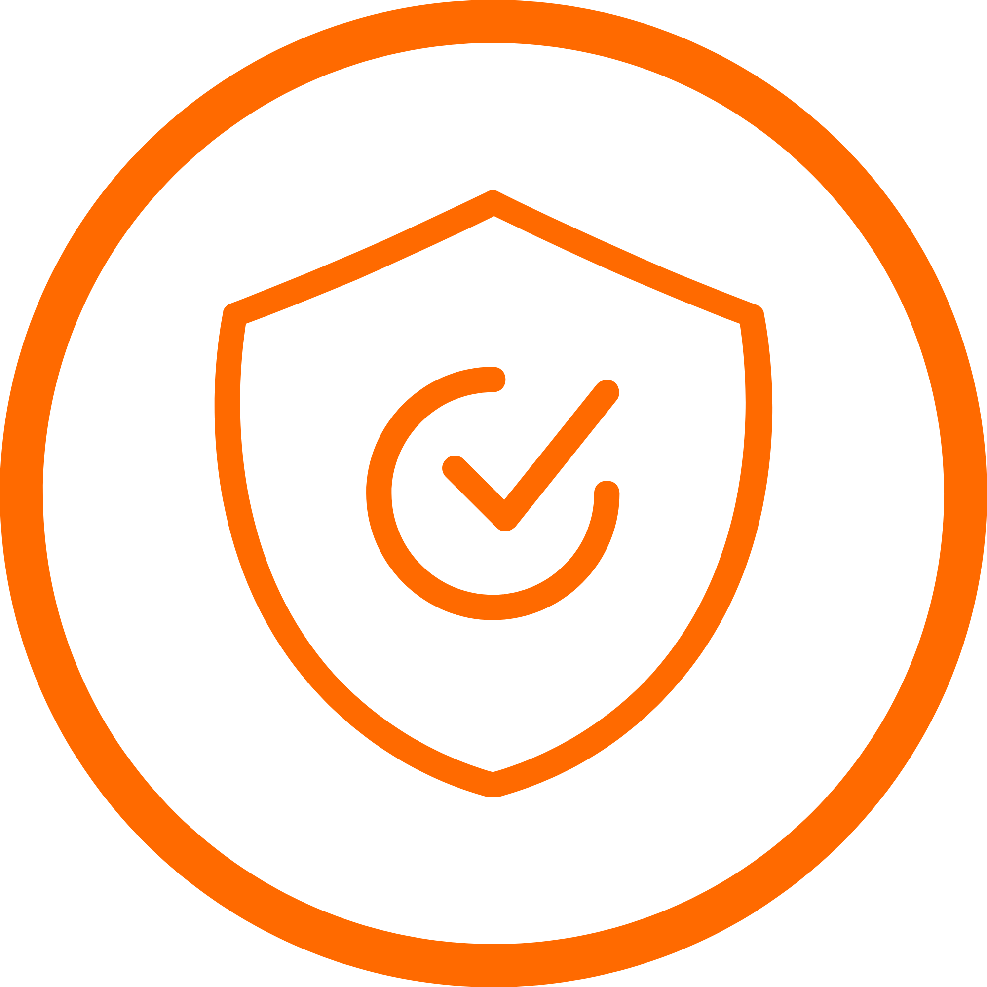 Orange shield with a checkmark inside, enclosed in an orange circle, symbolizing security or protection.