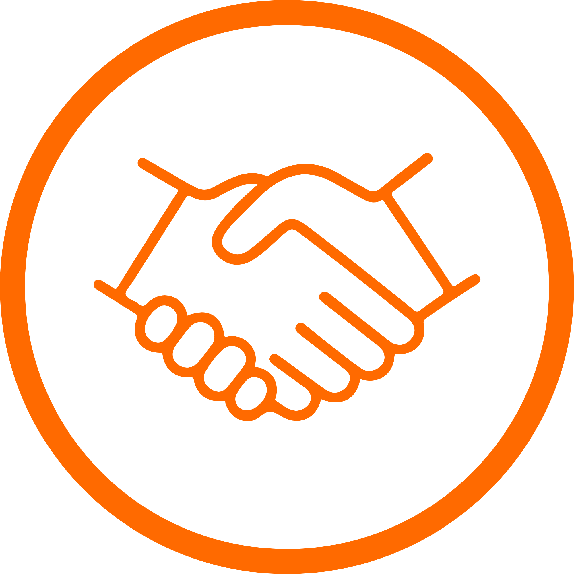 Orange handshake icon inside an orange circular border on a black background.