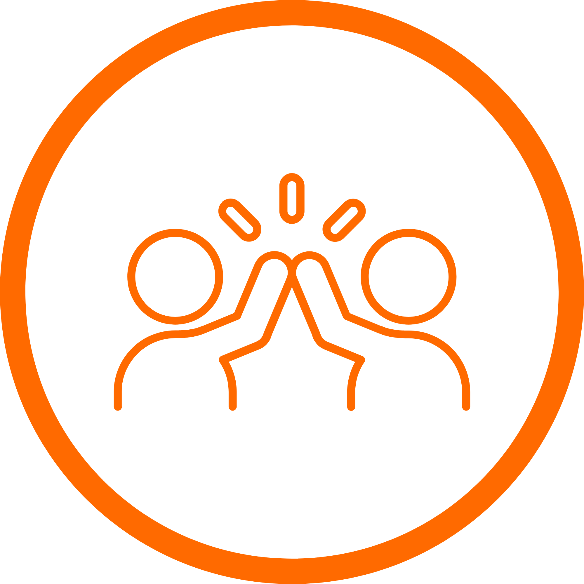 Orange outlined icon of two people giving a high five inside an orange circle.