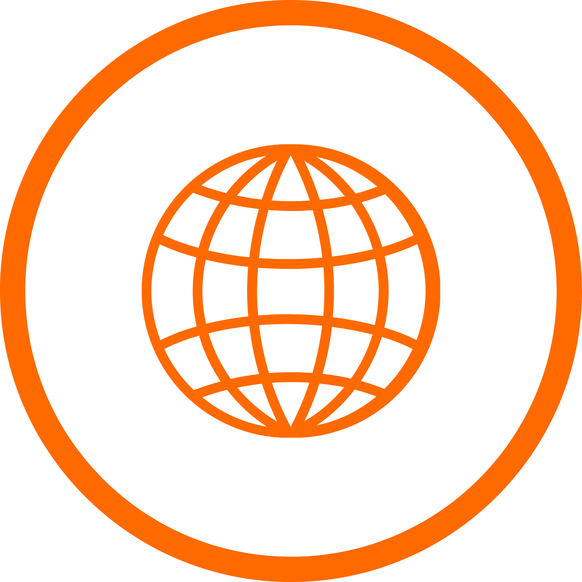 Orange globe icon with latitude and longitude lines inside an orange circular border on a black background.