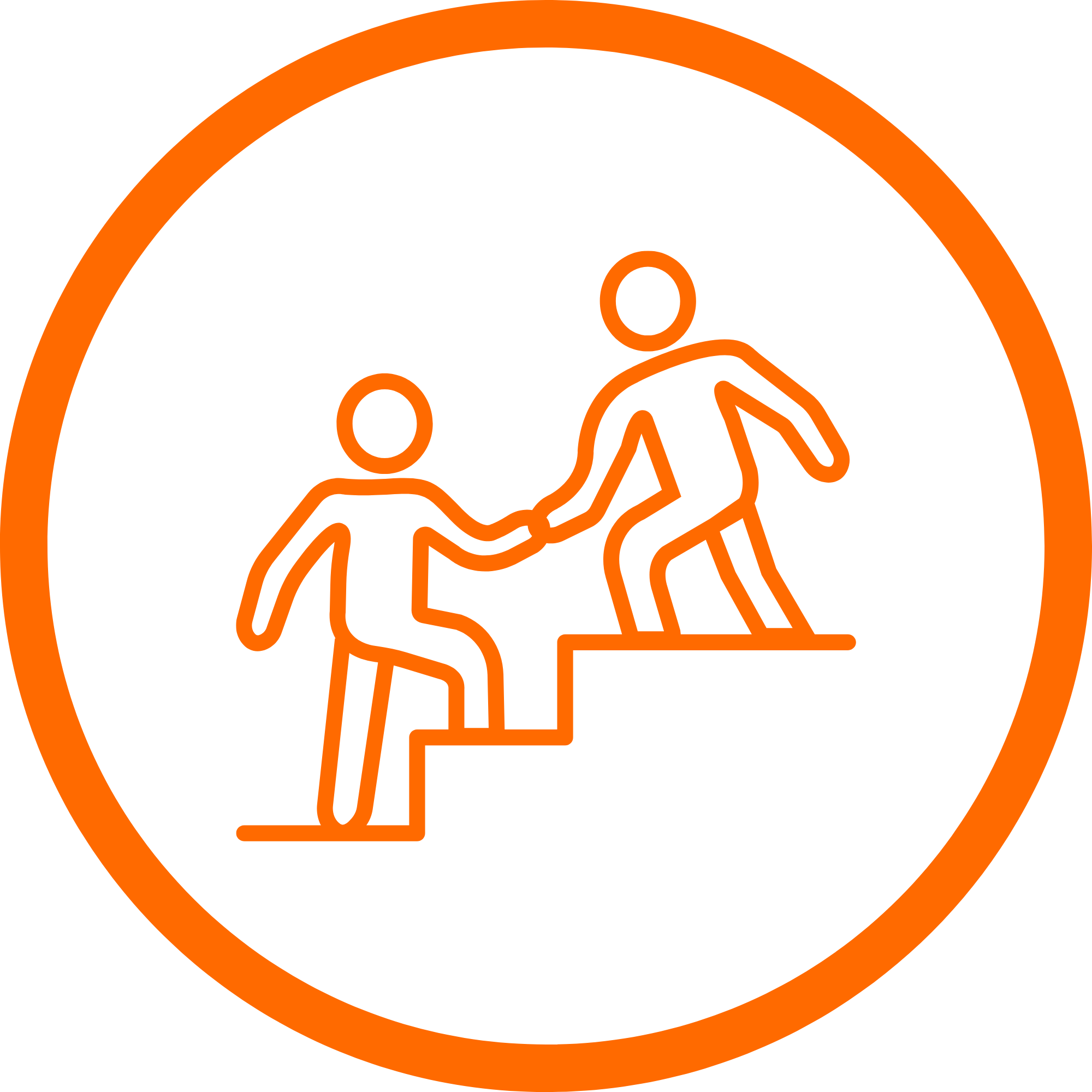 Orange outline of one person helping another climb stairs inside a circular border on a black background.