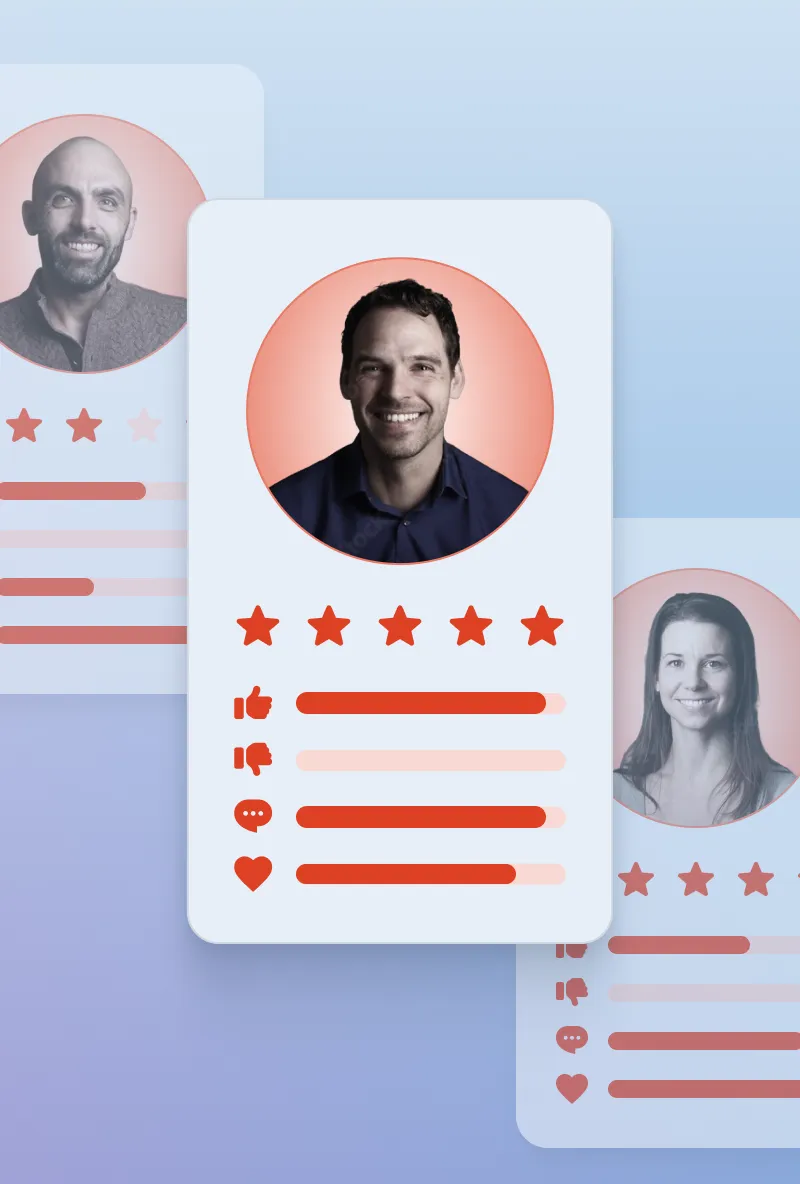 Profile card of a smiling man with dark hair, showing a five-star rating and thumbs up, thumbs down, chat, and heart icons with red progress bars.