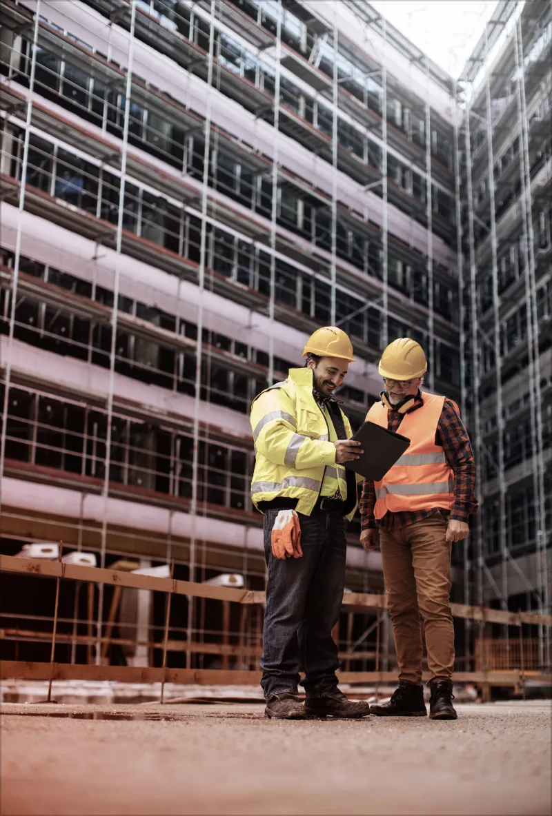 Two construction workers wearing safety gear reviewing a document on a construction site with scaffolding in the background.