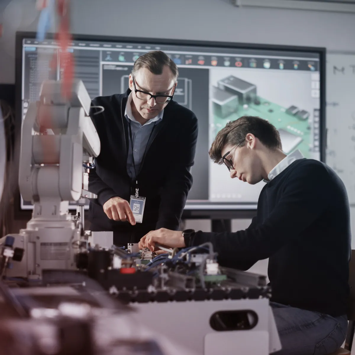 Two engineers working together on robotic machinery with a circuit design displayed on a screen behind them.