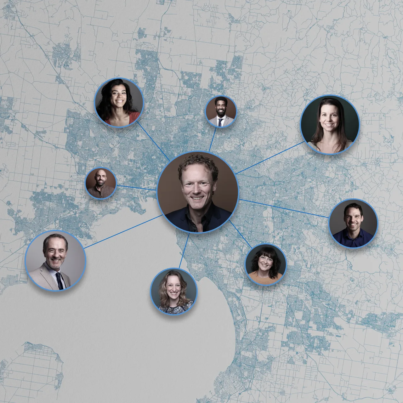 A central portrait of a smiling man connected by lines to eight other portraits of diverse smiling men and women, overlaid on a detailed city map.