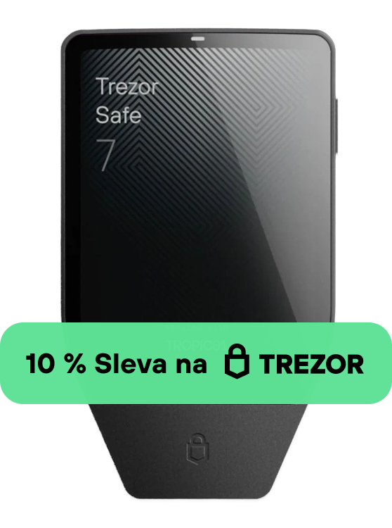 Trezor Safe 7 cryptocurrency hardware wallet with a green banner offering 10% discount on Trezor.