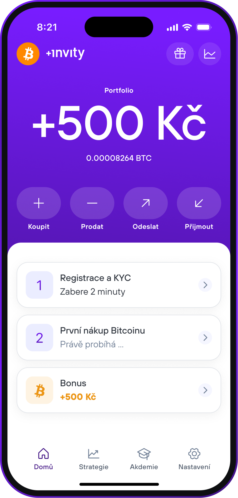 Mobile app screen showing Invity Bitcoin portfolio with a balance of plus 500 Czech koruna and 0.00008264 BTC, with options to buy, sell, send, and receive Bitcoin.
