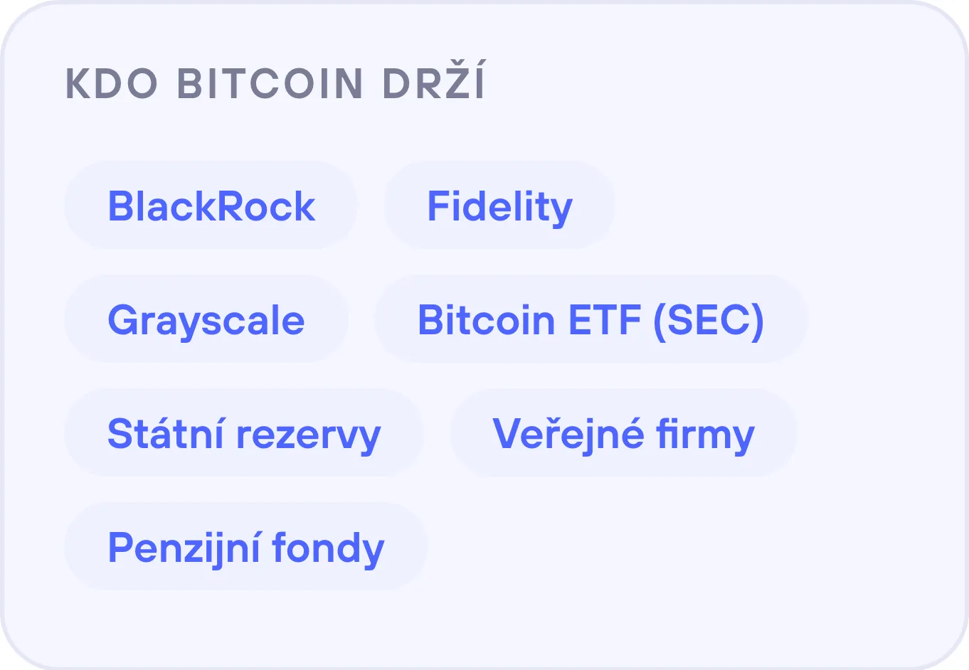 Kdo Bitcoin drží: BlackRock, Fidelity, Grayscale, ETF, státní rezervy, penzijní fondy
