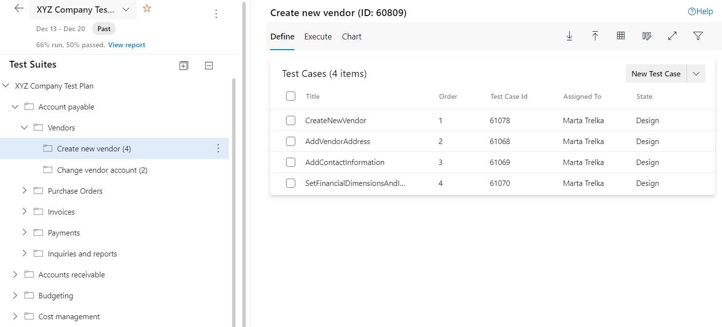 Przykładowy plan testów, widok z poziomu platformy Azure DevOps Test Plans