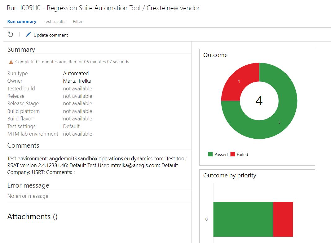Rezultat uruchomienia zestawu testowego, widok z poziomu platformy Azure DevOps Test Plans
