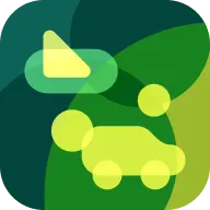 Green and yellow abstract shapes forming an icon of a car with an arrow pointing to the left.