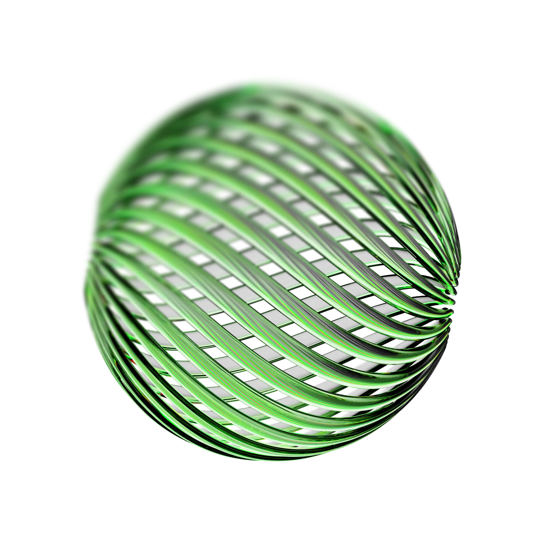 Spherical shape formed by interwoven reflective green metallic strands against a black background.
