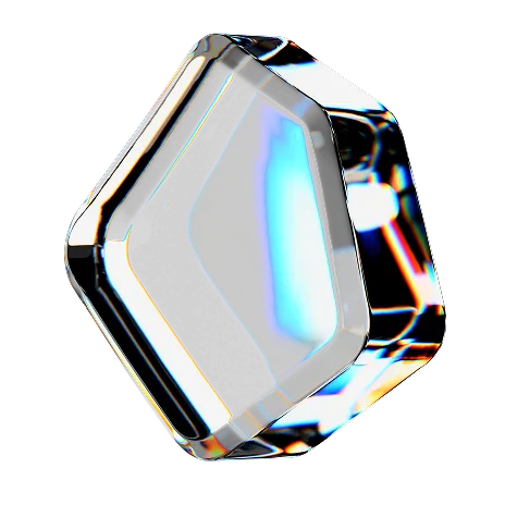 Transparent, multifaceted crystal or glass prism with blue and orange reflections on a black background.