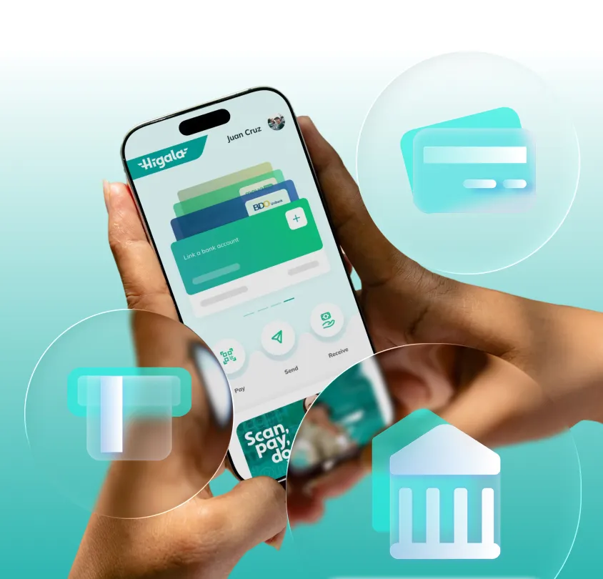 Person holding smartphone displaying Higala app interface with options to link bank accounts and buttons for pay, send, and receive, surrounded by icons for card payment, credit cards, and bank.