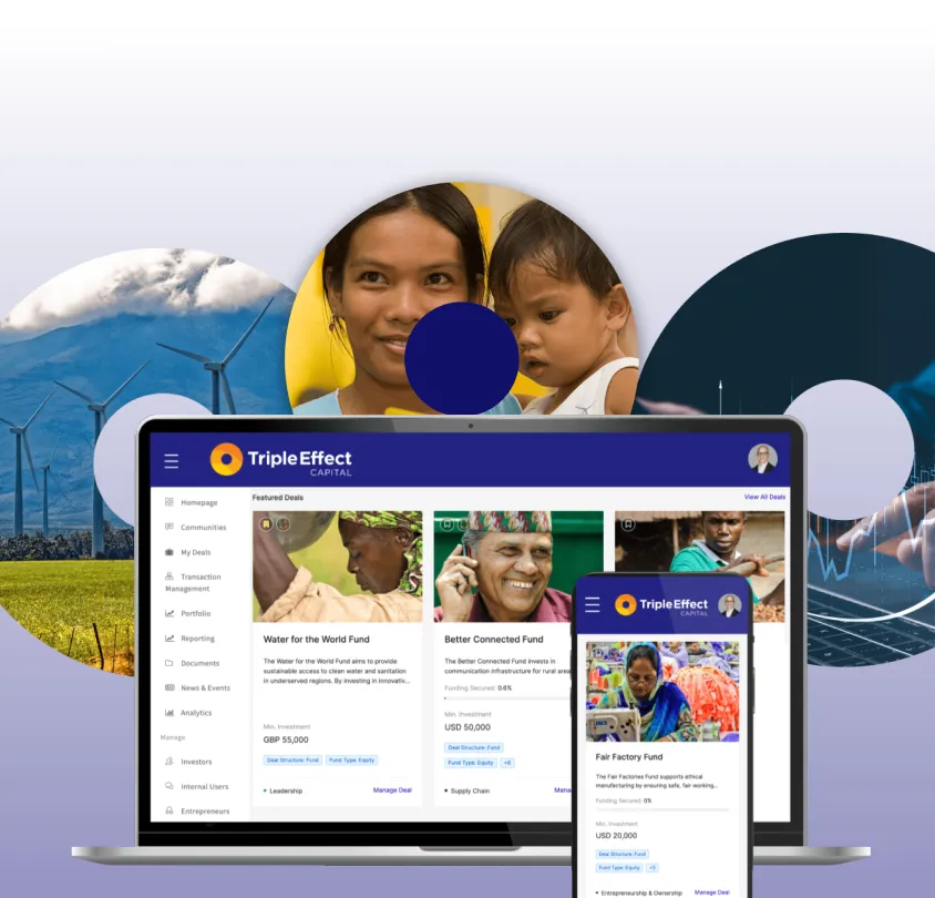 Laptop and smartphone displaying Triple Effect Capital investment platform with images of diverse people and fund details over background of wind turbines, woman with child, and digital graphs.