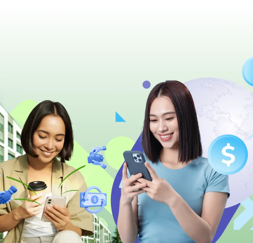 Two young women smiling while using smartphones with digital icons of money and a globe in the background.