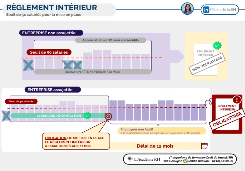  infographie sur le seuil de 50 salariés pour la mise en place d’un règlement intérieur et précisions sur le délai de 12 mois de mise en place