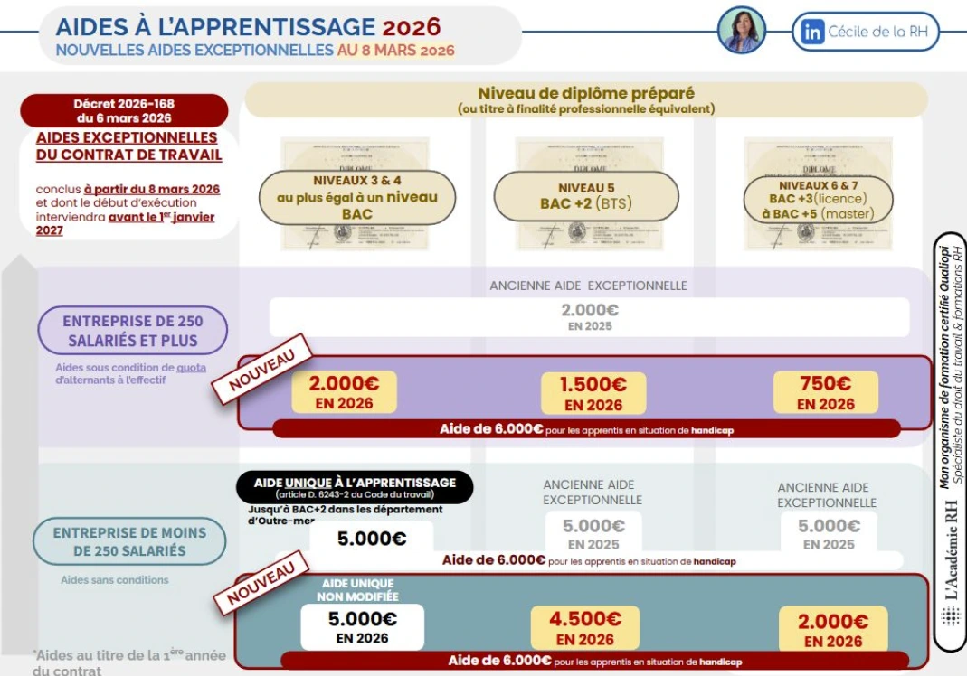 infographie sur les aides à l’apprentissage en 2026 issues du décret 2026-168 du 6 mars 2026 pour les entreprises de 250 salariés et plus et de moins de 250 salariés