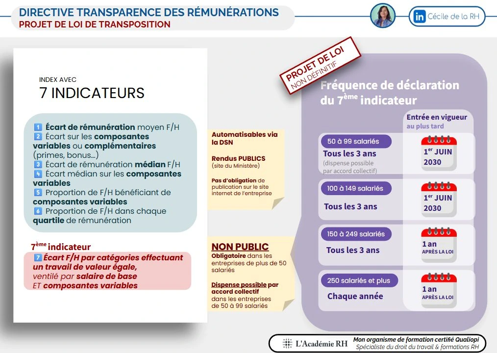 infographie sur l’évolution de l’index égalité professionnelle issue de la directive transparence des rémunérations qui prévoit le passage à 7 indicateurs contre 5 actuellement