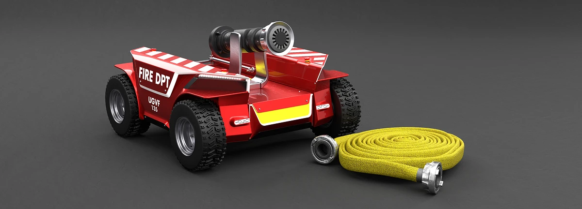 Render em perspetiva do Weta Agrobot. Versão de camião dos bombeiros com uma mangueira do lado.