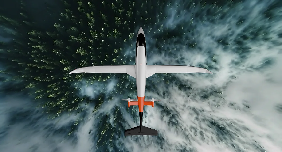 Render do avião a sobrevoar uma floresta visto de cima.