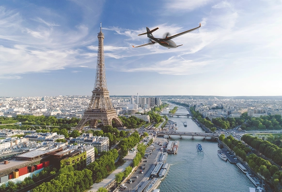 Render do avião a sobrevoar Paris.