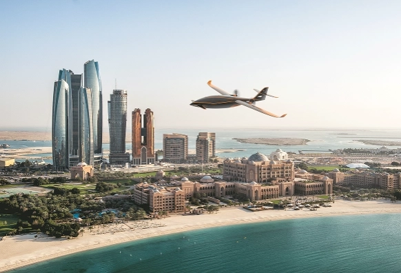Render do avião a sobrevoar Abu Dhabi.