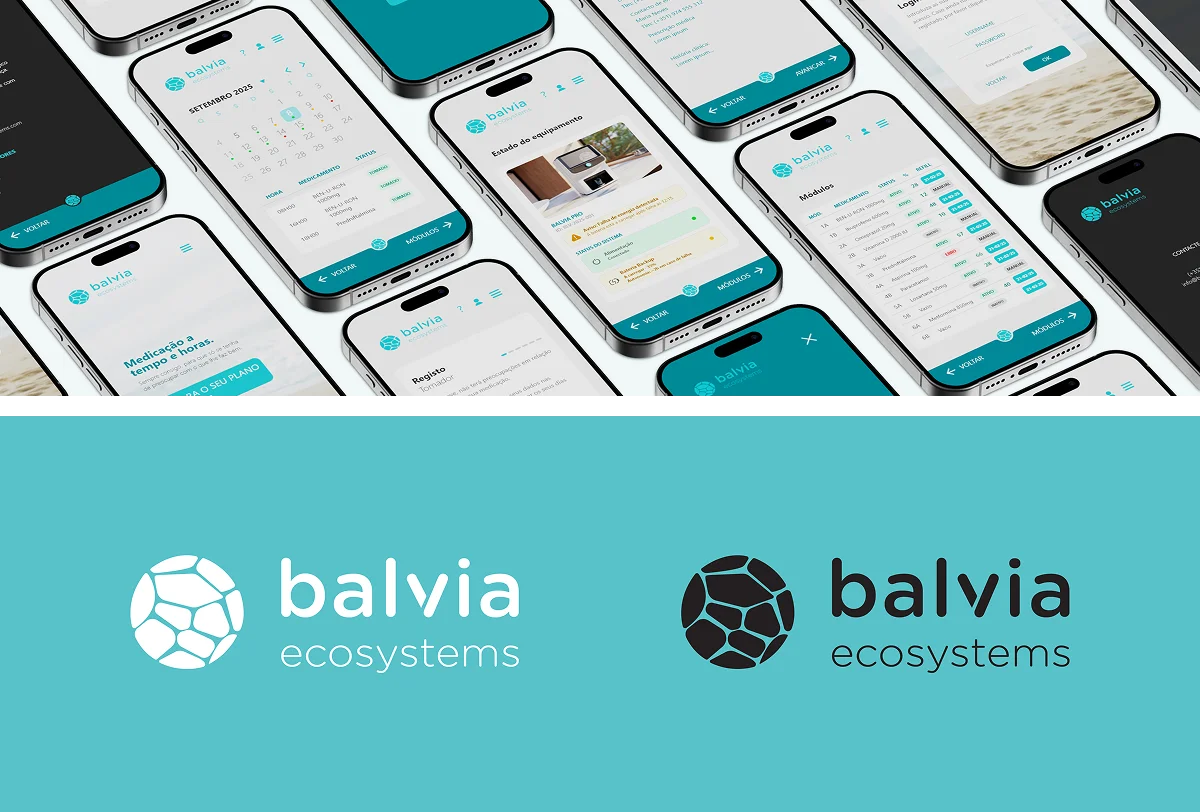 Imagem com os diferentes ecrãs do interface da Balvia e logos.