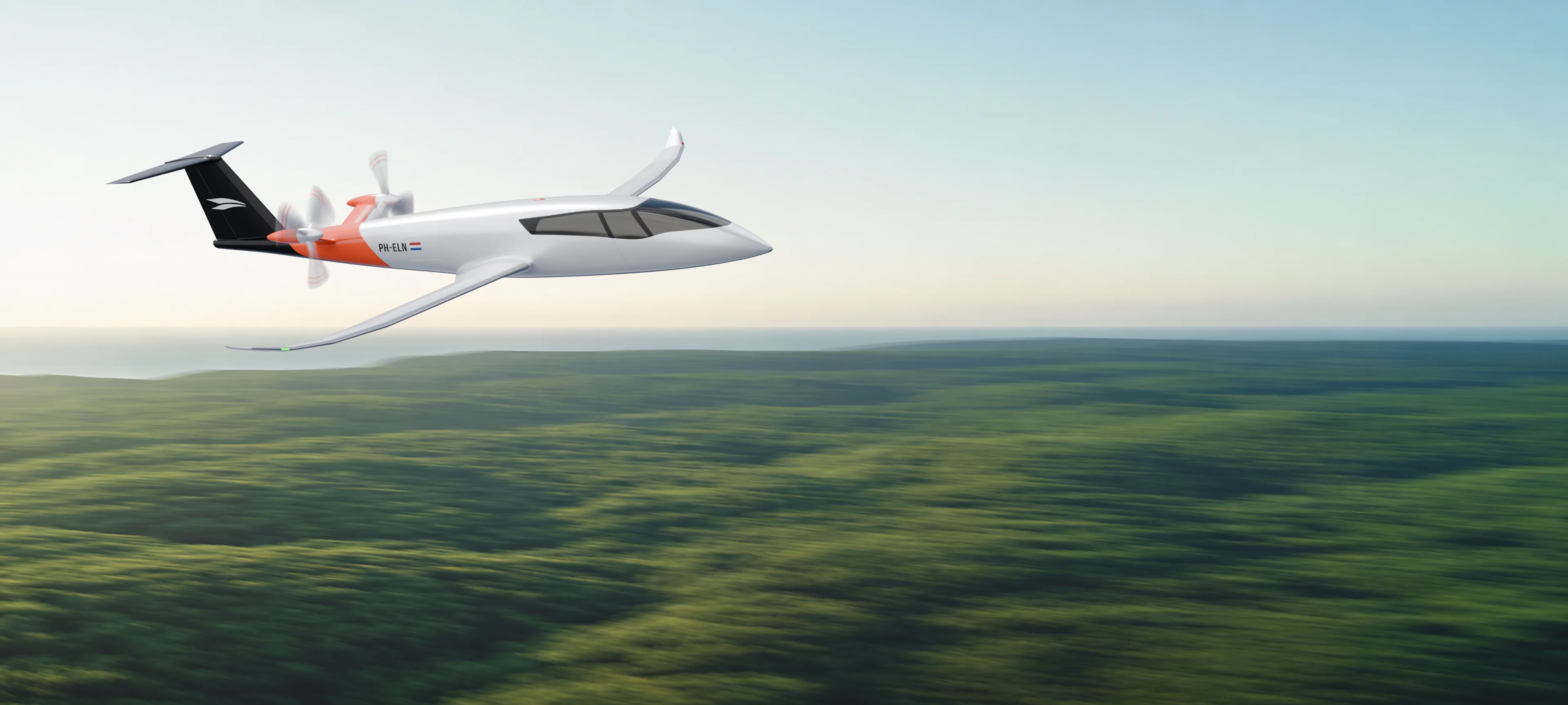 Render do avião a sobrevoar uma floresta.