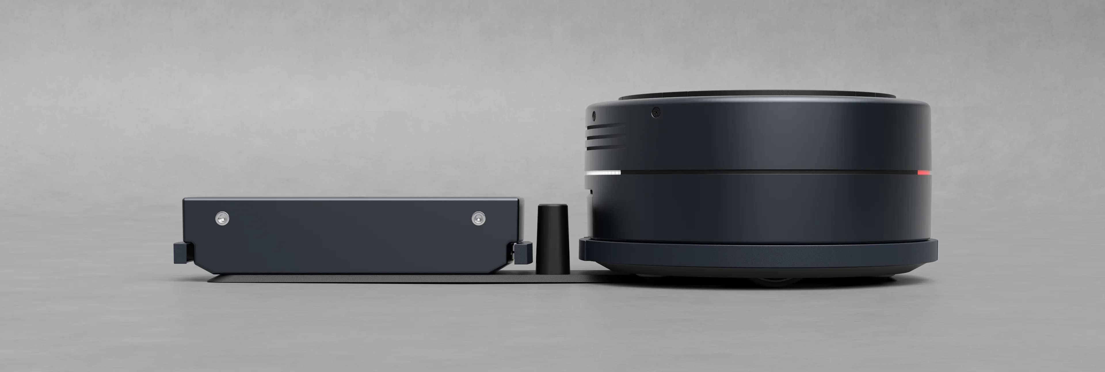 Render do robot e da bateria visto de lado.