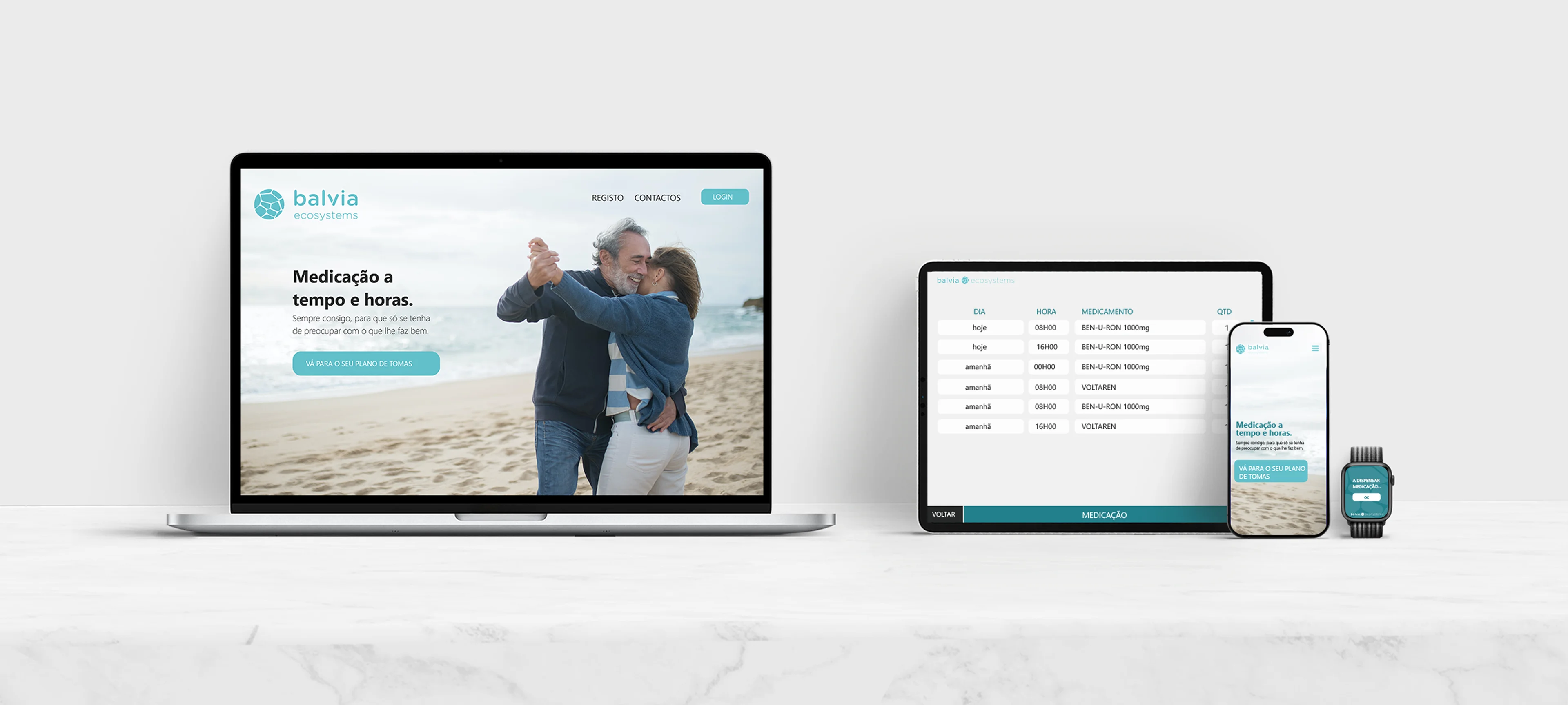 Imagem dos vários dispositivos com o interface da Balvia: Computador, tablet e telemóvel.