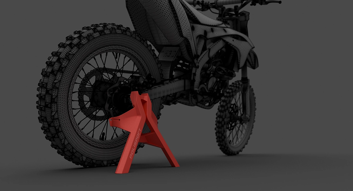Render do tripé em uso de contexto com a roda de trás de uma mota apoiada no mesmo.