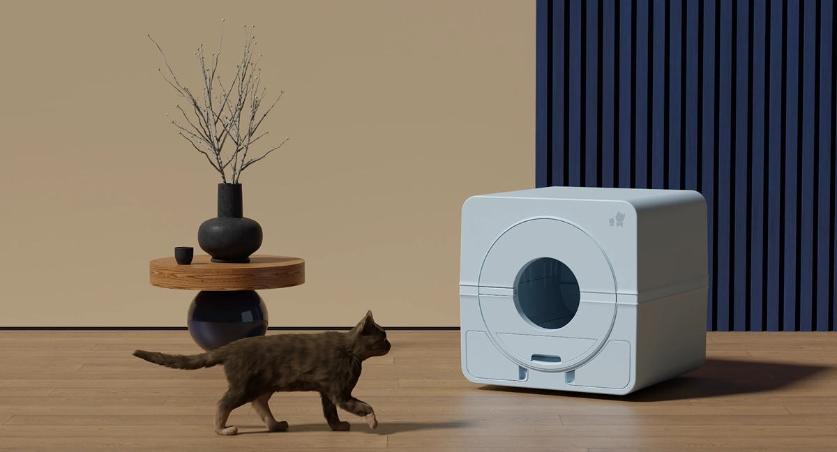 Render da Yarabox com elementos de decoração com um gato a aproximar-se dela.