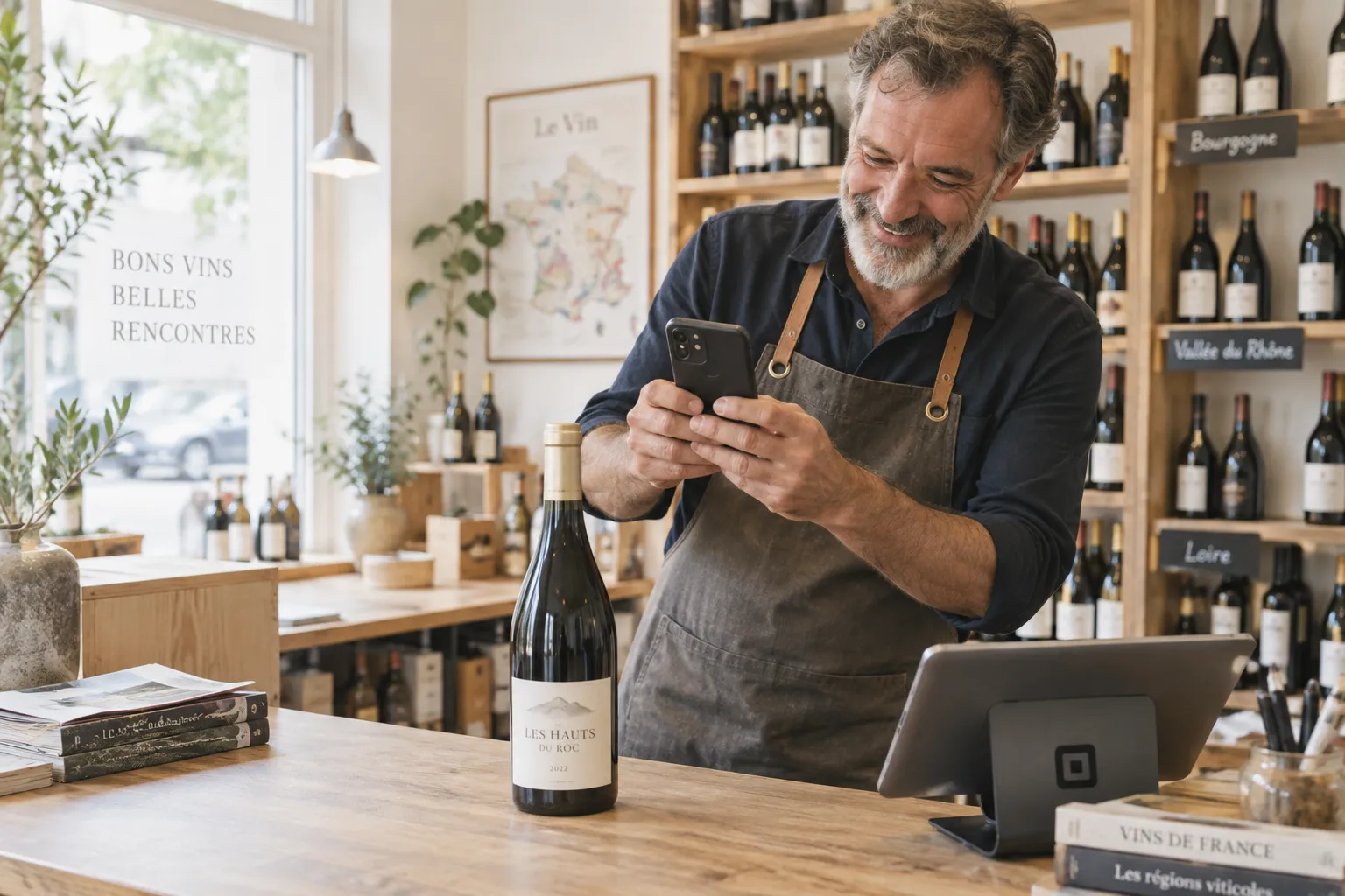 Un caviste photographie une bouteille avec son téléphone pour créer sa fiche produit