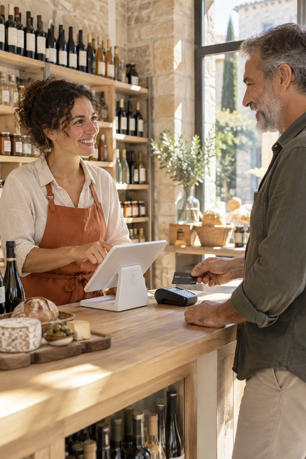 Commerçante qui encaisse un client souriant sur sa tablette Revolik en boutique