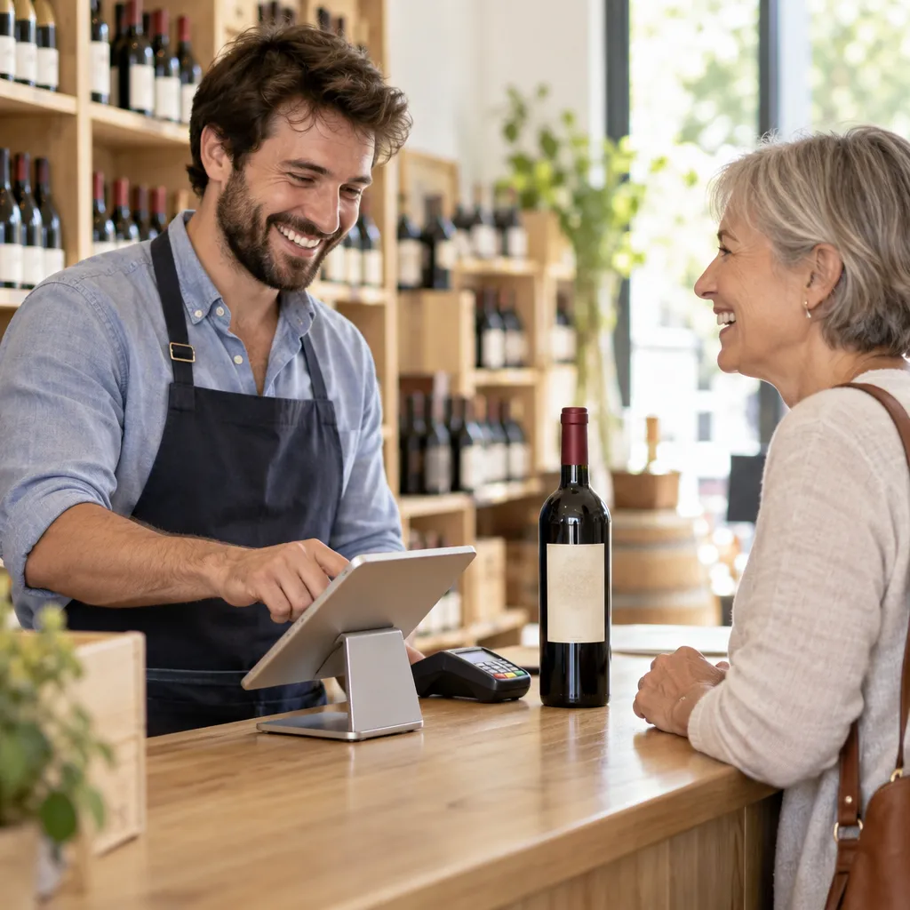 Caviste souriant qui encaisse une cliente sur la caisse tactile Revolik