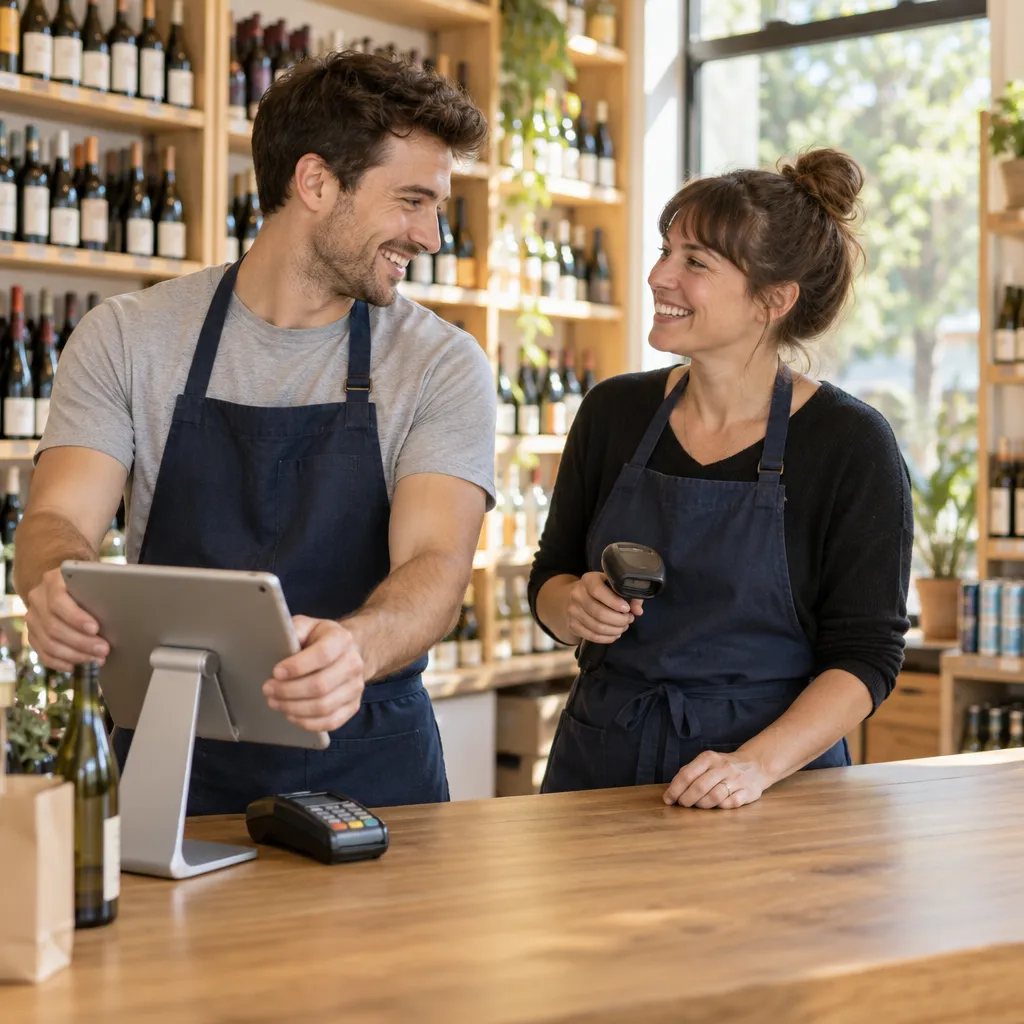 Commerçant qui installe sa tablette de caisse avec sa collègue en boutique