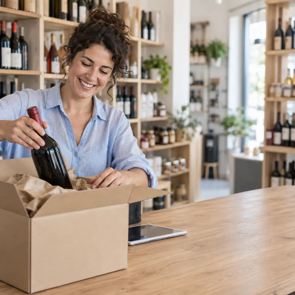 Commerçante souriante qui prépare une commande en ligne dans sa boutique