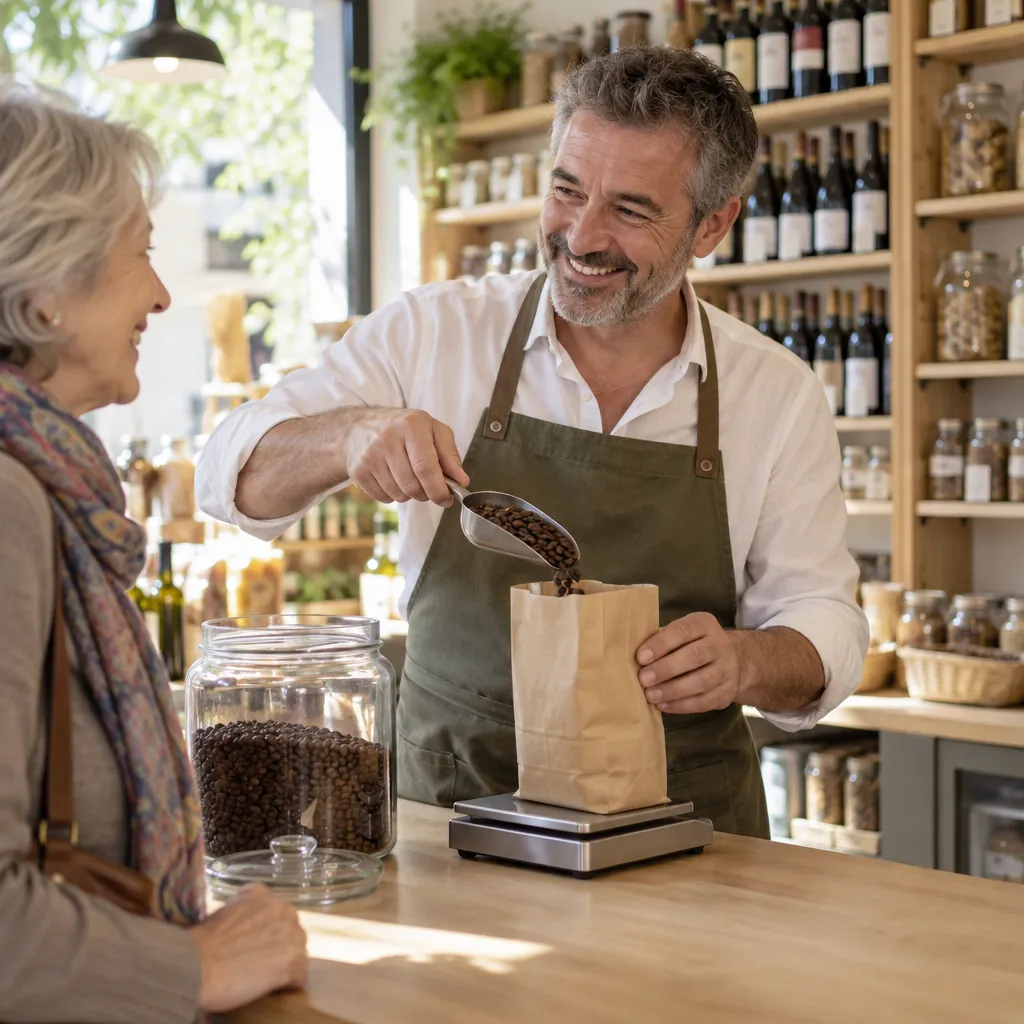Épicier souriant qui pèse du café en vrac pour une cliente habituée
