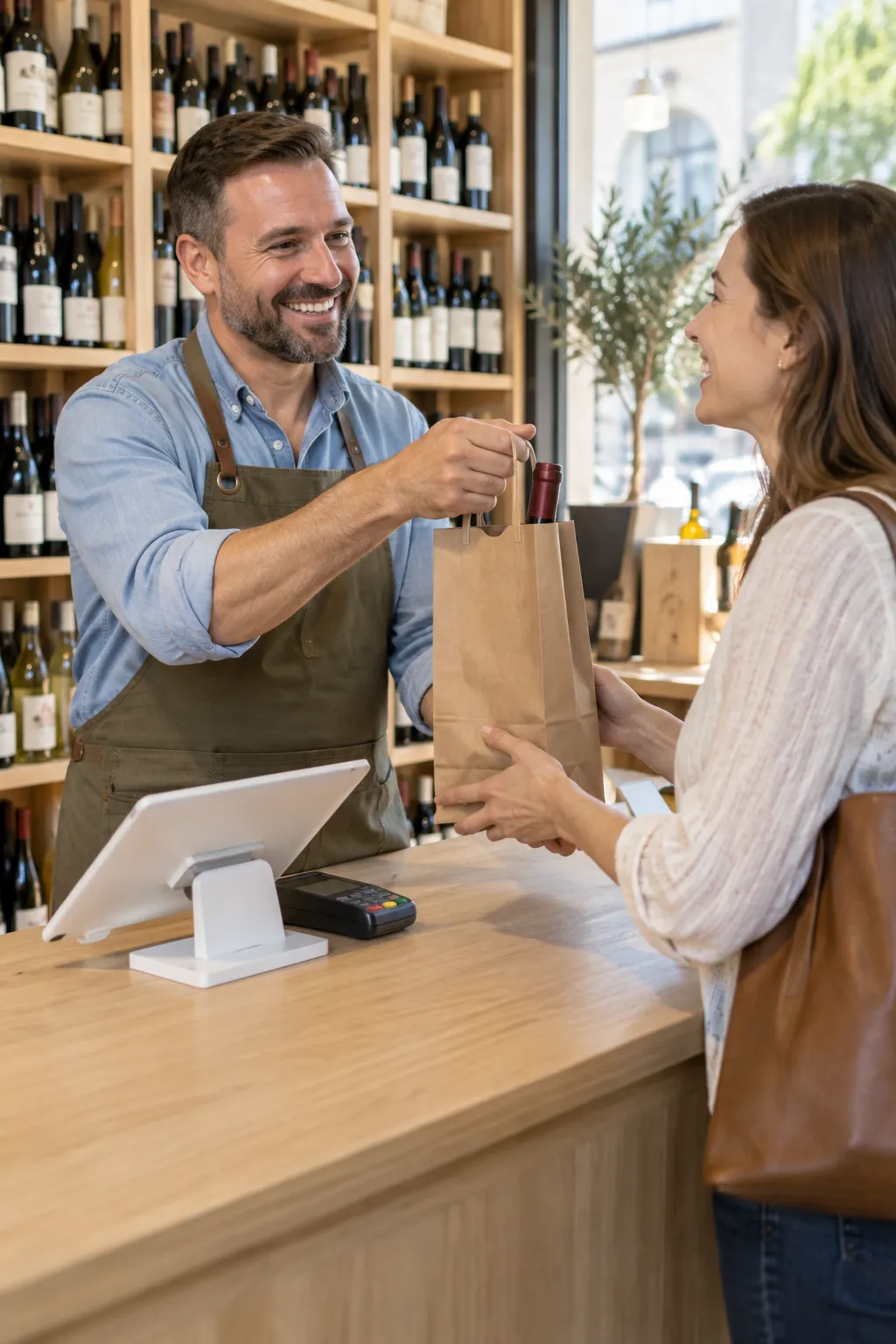 Commerçante souriante qui encaisse une cliente avec la caisse Revolik