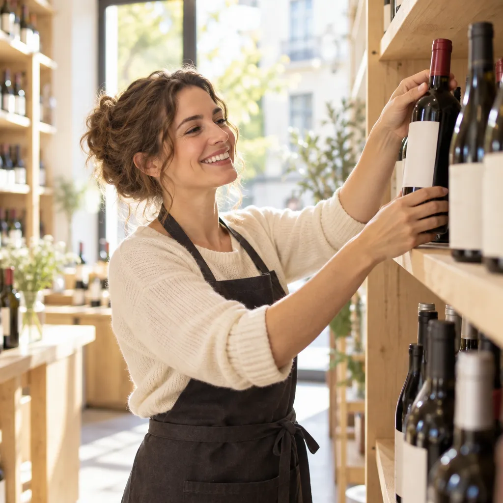 Caviste souriante qui met en rayon une bouteille de vin rouge
