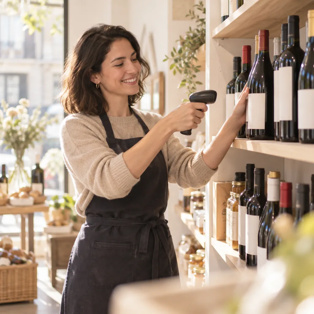 Commerçante souriante qui fait l'inventaire à la scannette