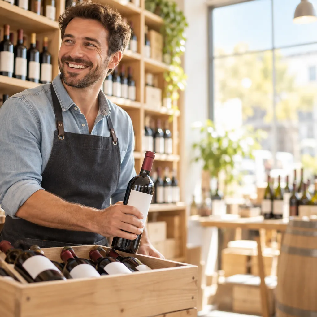 Caviste souriant qui déballe une livraison de bouteilles de vin
