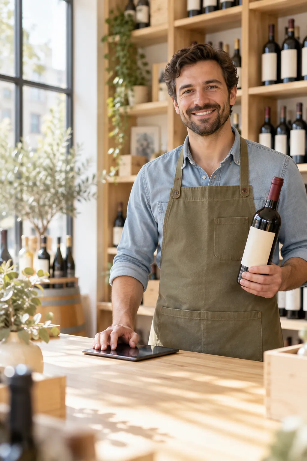 Caviste souriant au comptoir, bouteille en main et tablette Revolik posée devant lui