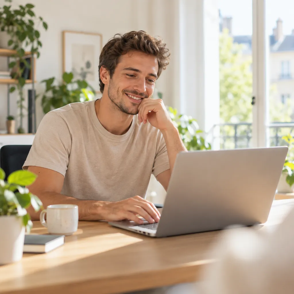 Commerçant souriant qui installe le module PrestaShop Revolik sur son ordinateur