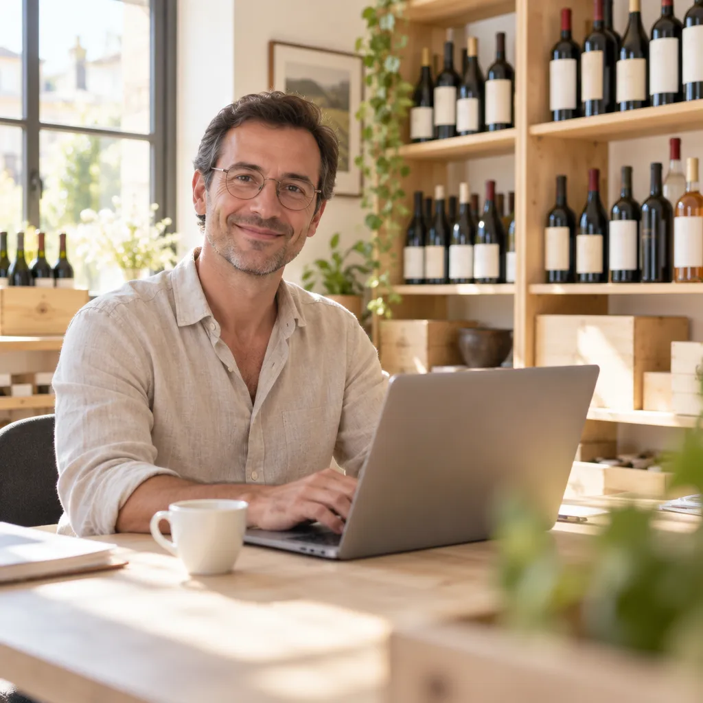 Gérant souriant qui met à jour ses fiches produits depuis son ordinateur