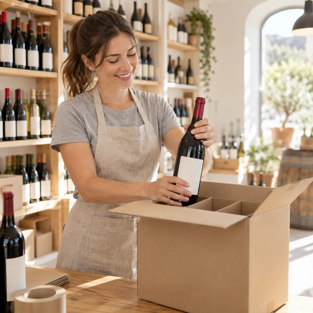 Commerçante souriante qui emballe une commande de vin passée sur le site