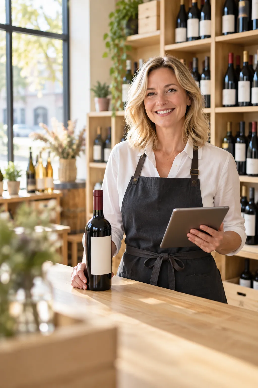 Caviste souriante qui gère sa boutique et son site depuis sa tablette